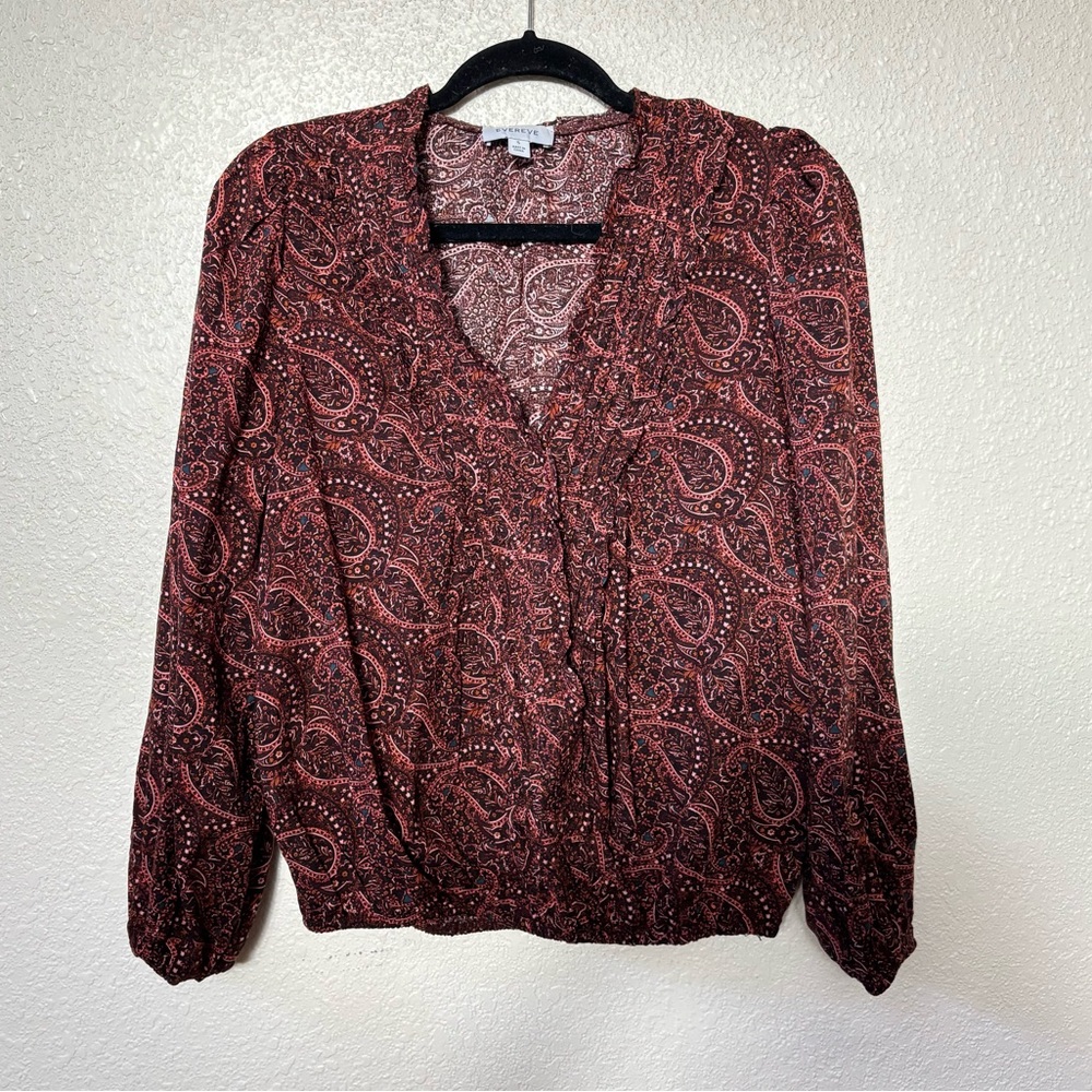 Evereve Red Paisley Print Cross Front Long Sleeve Bohemian Blouse Small